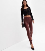 New Look Burgundy Coated Leather-Look Mid Rise Lift & Shape Emilee Jeggings